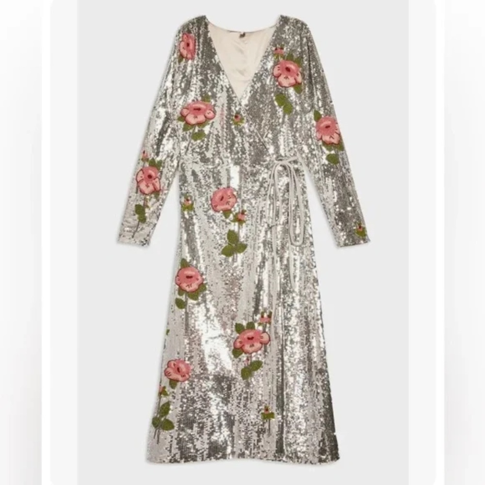 Absolutely GORGEOUS!! Topshop Silver Sequin Beaded Floral Wrap Dress Gown NWT
